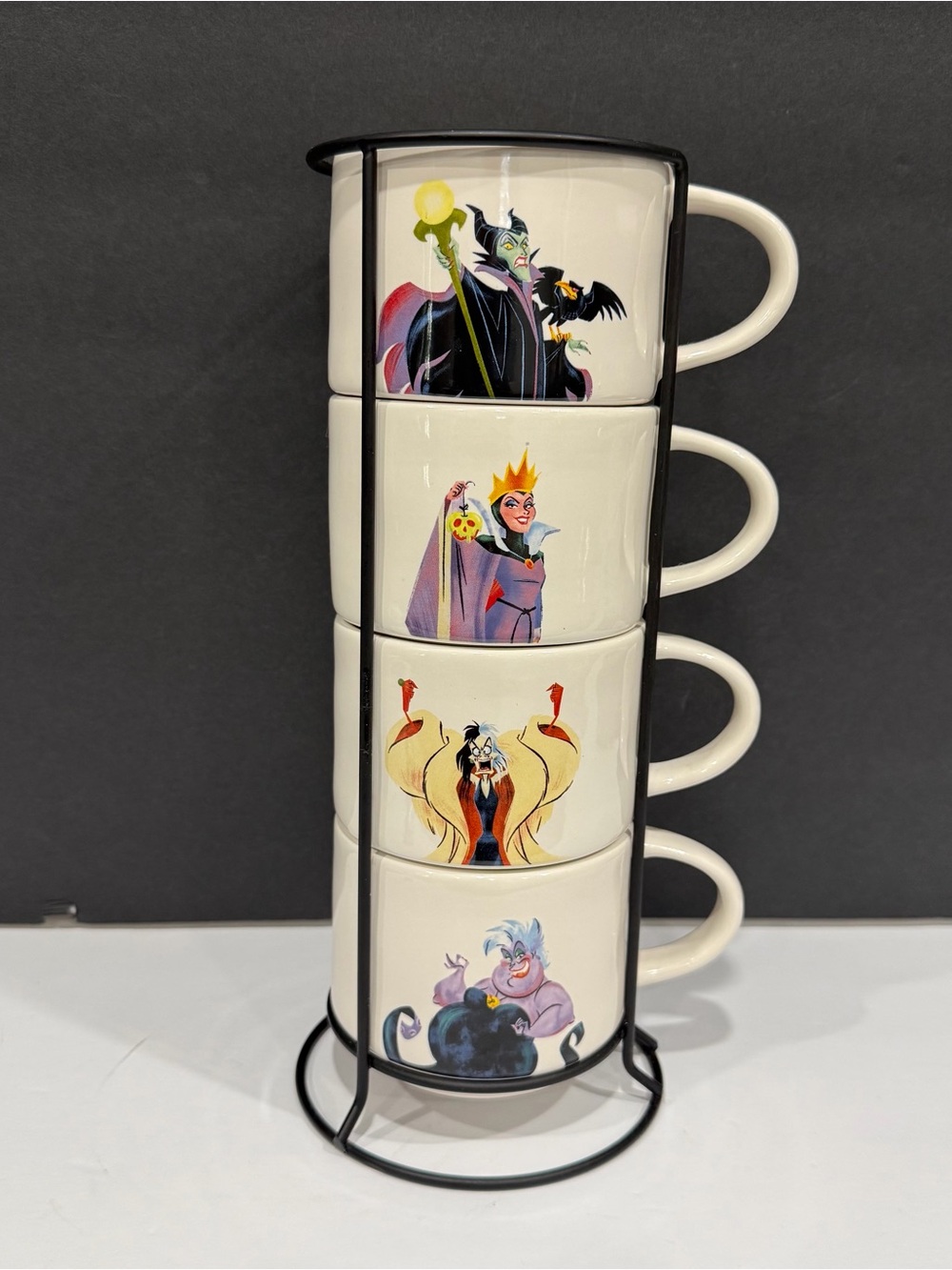 Disney White Stackable Villains Ceramic Mug Set with Black Rack